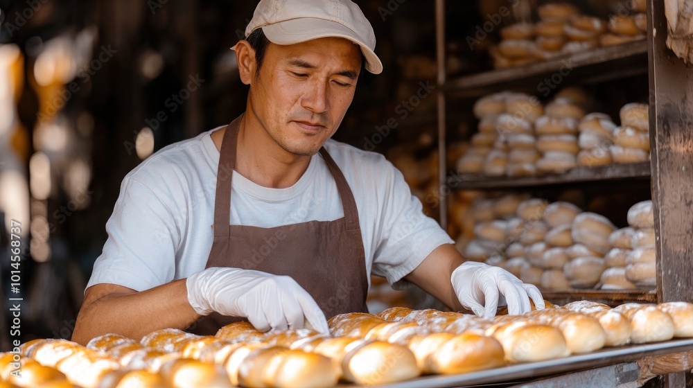 A baker arranging freshly made bread rolls in a bakery. A baker arranging freshly made bread rolls in a bakery.