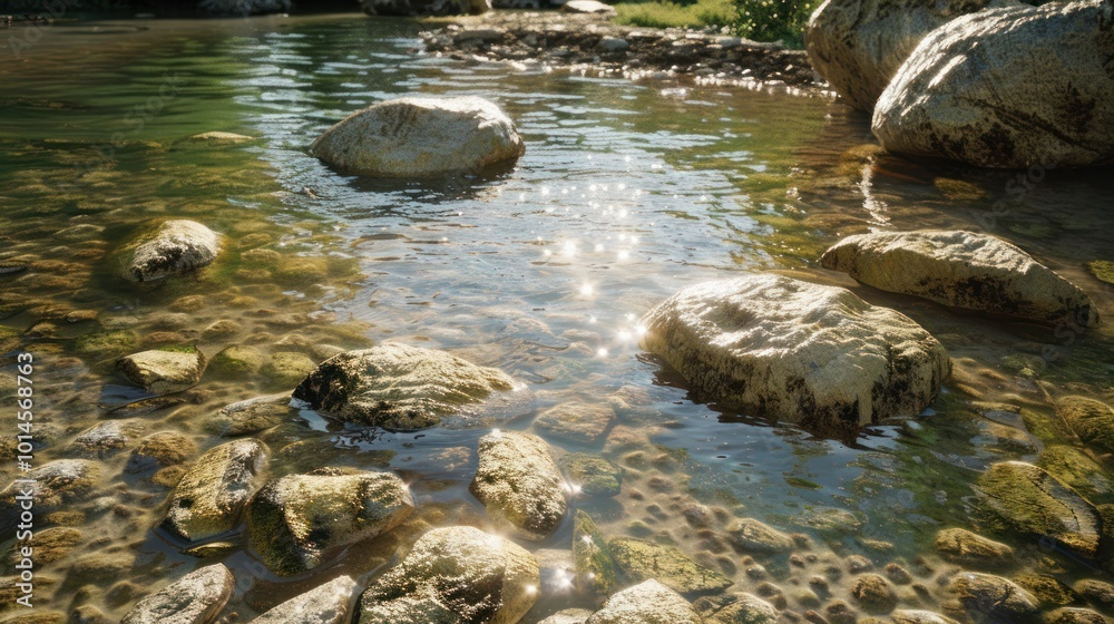 Sunlit Streambed with Smooth Stones and Clear Water Sunlit Streambed with Smooth Stones and Clear Water