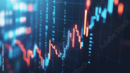 A background showing colorful financial data with upward and downward trends on a digital graph.