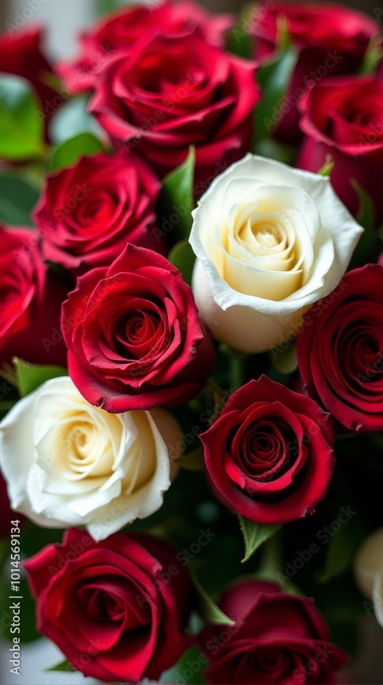 Dense Bouquet Featuring a Vibrant Contrast of Red and White Roses, With Lush Green Leaves Peeking Through the Petals Dense Bouquet Featuring a Vibrant Contrast of Red and White Roses, With Lush Green Leaves Peeking Through the Petals