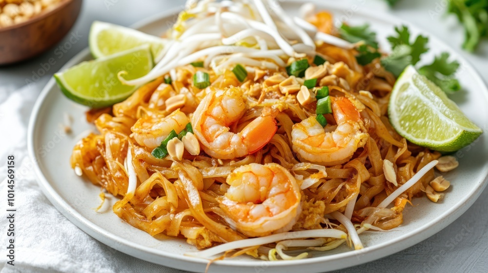 A plate of shrimp pad Thai garnished with lime, bean sprouts, and peanuts. A plate of shrimp pad Thai garnished with lime, bean sprouts, and peanuts.