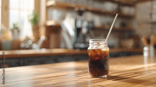 Iced Coffee in a Glass Jar with a Straw on a Wooden Table