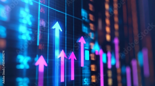 A vibrant digital graph displaying upward trends with colorful arrows, representing growth in data metrics or stock performance.