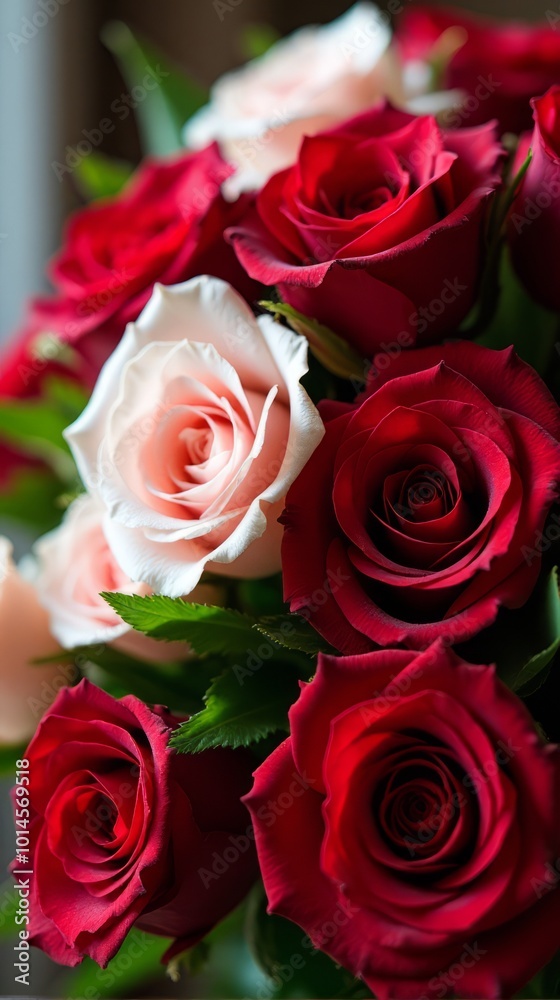 Dense Bouquet Featuring a Vibrant Contrast of Red and White Roses, With Lush Green Leaves Peeking Through the Petals