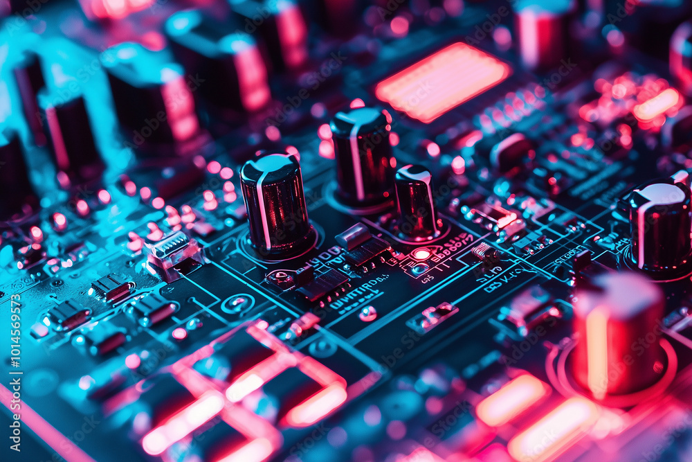 Close-up of an illuminated circuit board with colorful LED lights. Close-up of an illuminated circuit board with colorful LED lights.