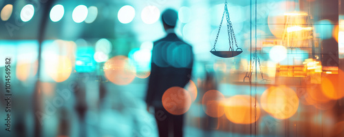 Blurred legal concept with scales of justice and city lights.