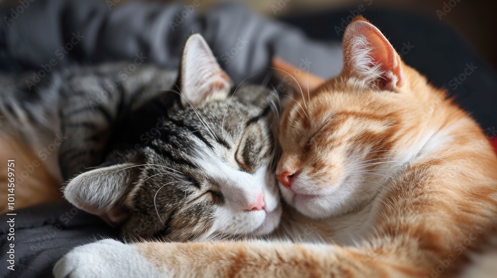 Two cute cats snuggling together while sleeping Two cute cats snuggling together while sleeping