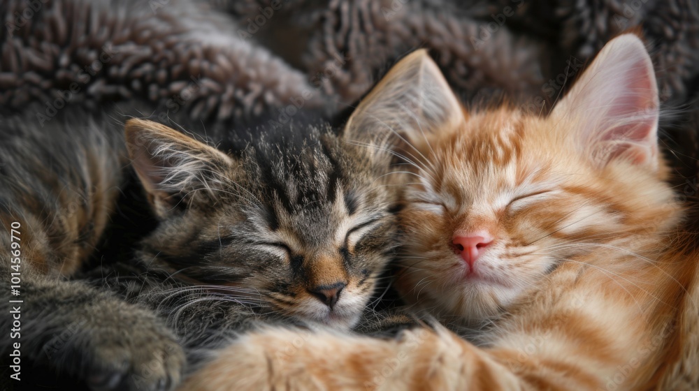 Two cute cats snuggling together while sleeping Two cute cats snuggling together while sleeping