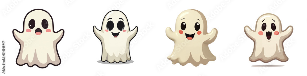 A set of isolated cartoon illustrations depicting friendly ghosts in various poses. The ghosts are all white and have large, expressive eyes and happy smiles. T A set of isolated cartoon illustrations depicting friendly ghosts in various poses. The ghosts are all white and have large, expressive eyes and happy smiles. T
