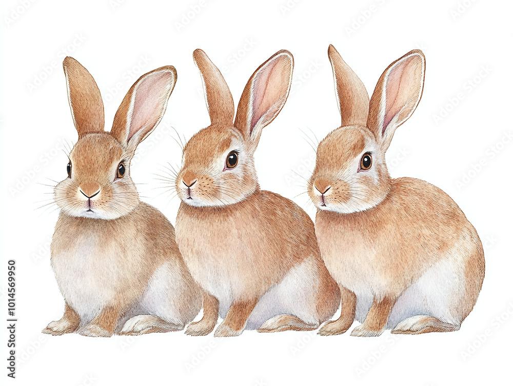 Three Cute Bunnies Sitting Together - Watercolor Illustration Three Cute Bunnies Sitting Together - Watercolor Illustration