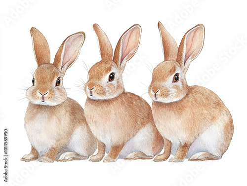 Three Cute Bunnies Sitting Together - Watercolor Illustration