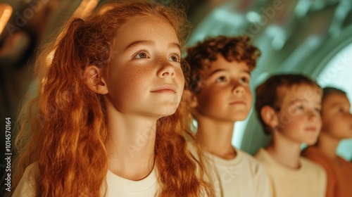 A group of children with one girl having red hair. They are all looking up at something. Scene is curious and excited