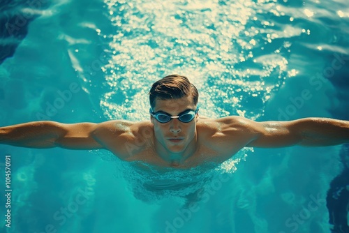 Perfect butterfly stroke Shot of a male swimmer doing the butterfly stroke toward the camera