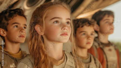 A group of children are standing in a line, with one girl looking at the camera. The scene is set in a desert, and the children are wearing military-style clothing. Scene is serious and focused
