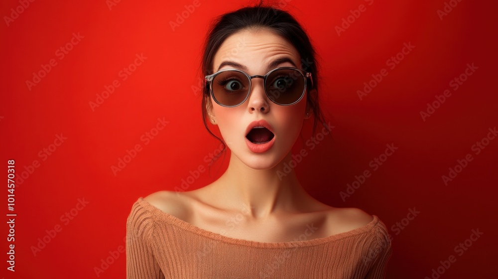 Portrait of a shocked woman in sunglasses on red background Portrait of a shocked woman in sunglasses on red background