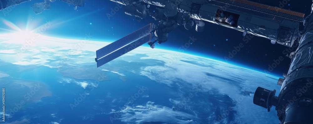 Obraz premium Space station with Earthâ€™s polar ice caps visible, 4K hyperrealistic photo