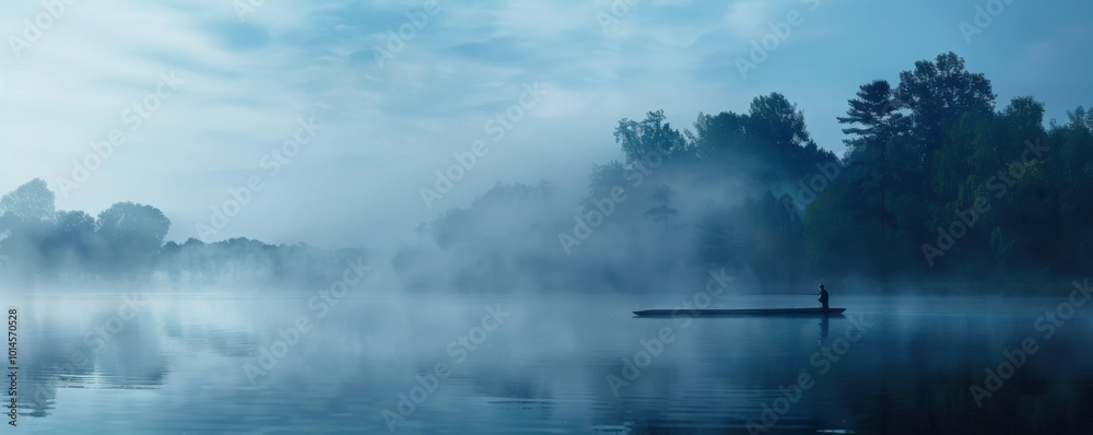 Fototapeta premium Lake with mist and a solitary fisherman, 4K hyperrealistic photo,