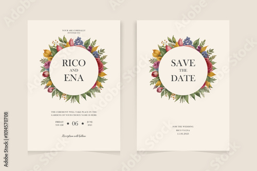 Golden greenery wedding invitation template set with leaves, glitter, frame, and border. Floral decoration vector for save the date, greeting, thank you, rsvp, etc