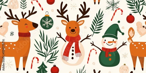 Wallpaper Mural Happy Christmas characters like reindeer, elves, and snowmen in a playful pattern, seamless Torontodigital.ca