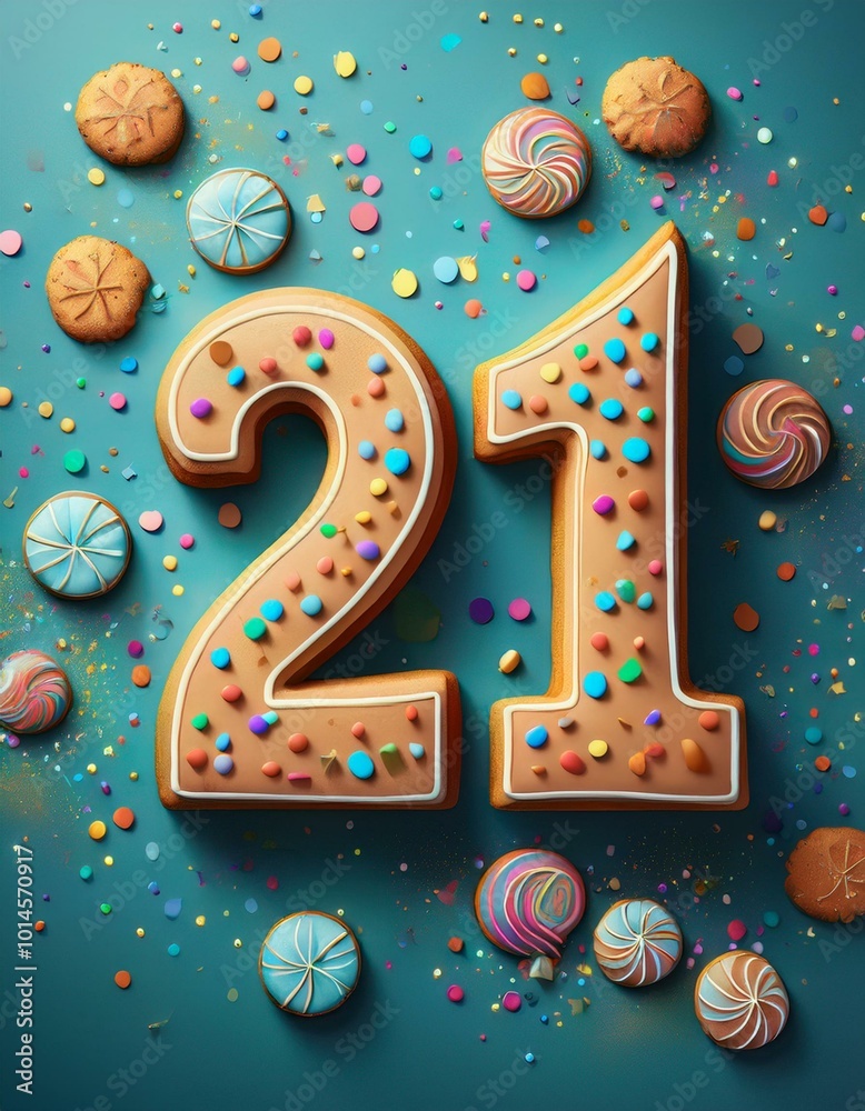 Decorated cookie, number 21, illustration for birthday or anniversary celebration Decorated cookie, number 21, illustration for birthday or anniversary celebration
