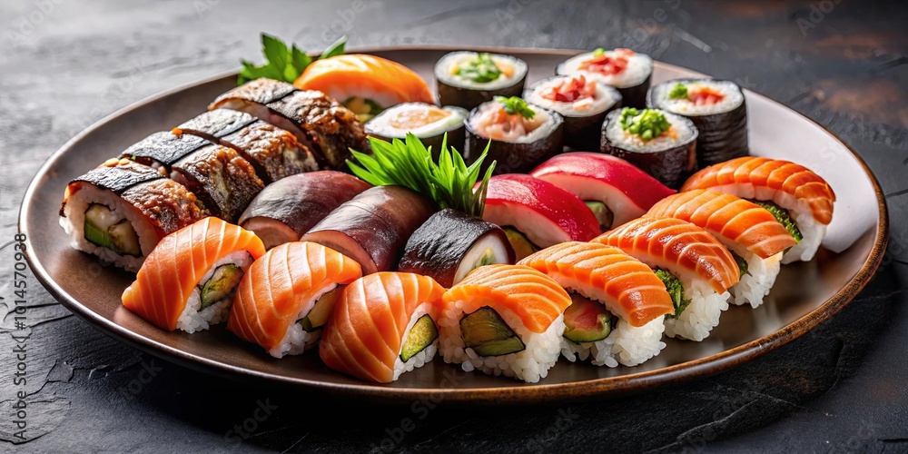 Sushi Platter A Culinary Journey of Flavors with Delectable Nori-Wrapped Rolls, Fresh Salmon Nigiri, and Creamy Cucumber Maki Sushi Platter A Culinary Journey of Flavors with Delectable Nori-Wrapped Rolls, Fresh Salmon Nigiri, and Creamy Cucumber Maki