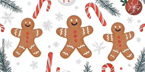 Whimsical candy canes and gingerbread men dancing in a festive winter scene, seamless pattern