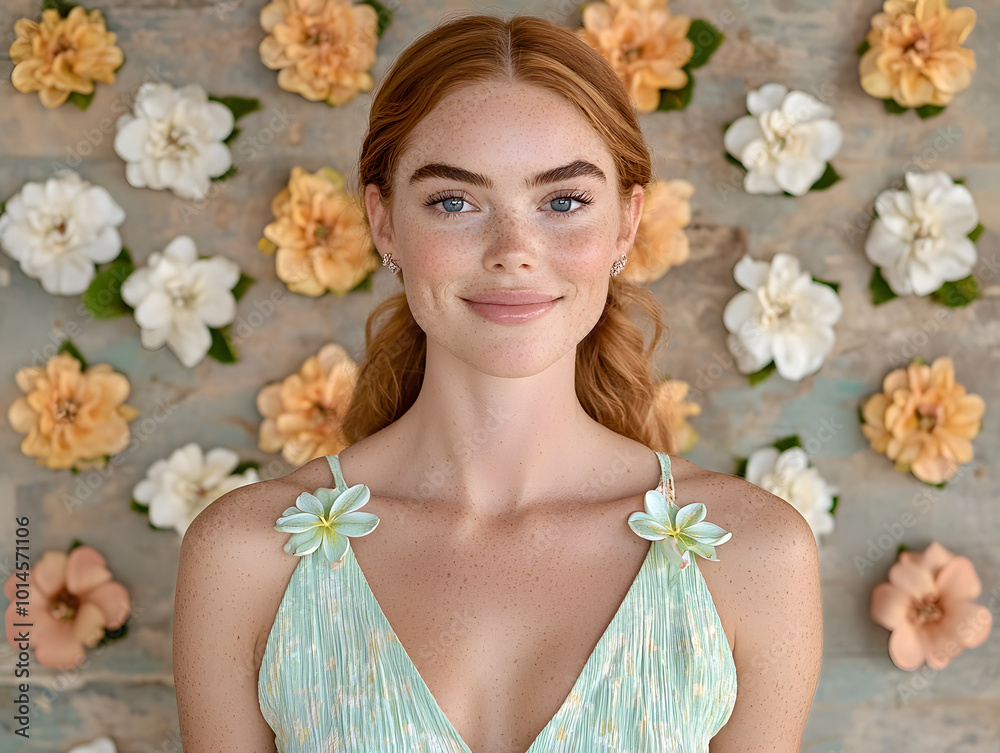 A young woman stands against a floral backdrop, smiling confidently during a sunny outdoor event in spring A young woman stands against a floral backdrop, smiling confidently during a sunny outdoor event in spring