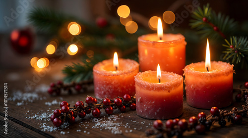 Festive Christmas candles with berries and pine branch on wooden table