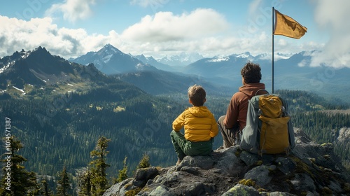 A family of three sits atop an alpine mountain, enjoying their time together while gazing at the beautiful mountains and forests photo