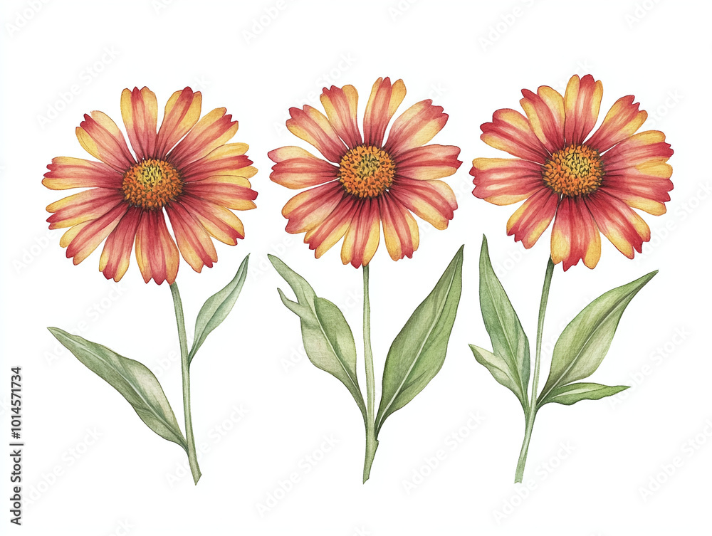 Watercolor Painting of Three Red and Yellow Flowers Watercolor Painting of Three Red and Yellow Flowers
