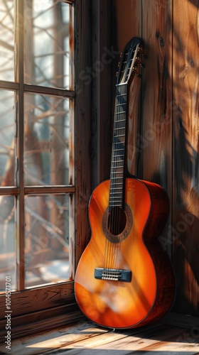 Guitar leaning against the wall, 4K hyperrealistic photo