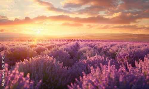 Serene lavender fields under a golden sunset, 4K hyperrealistic photo.