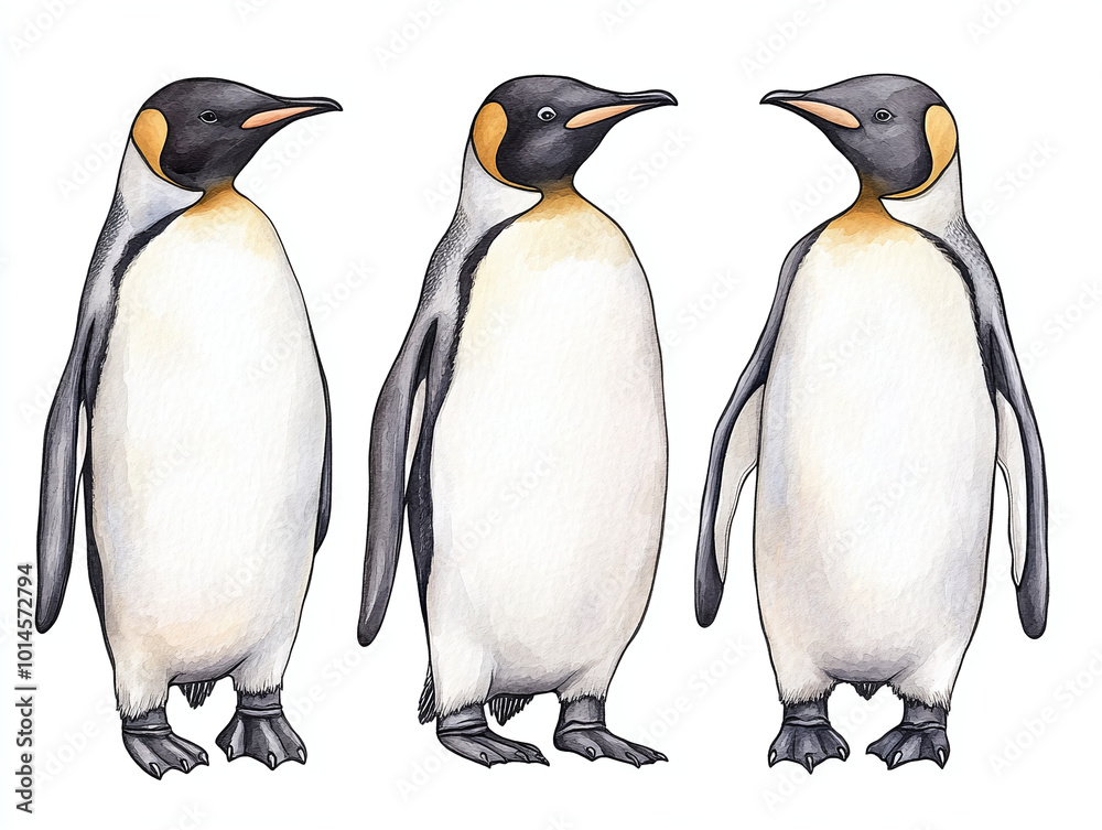 Fototapeta premium Three Emperor Penguins Watercolor Illustration
