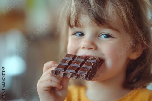 A sweet-toothed child eats chocolate. Selective focus photo