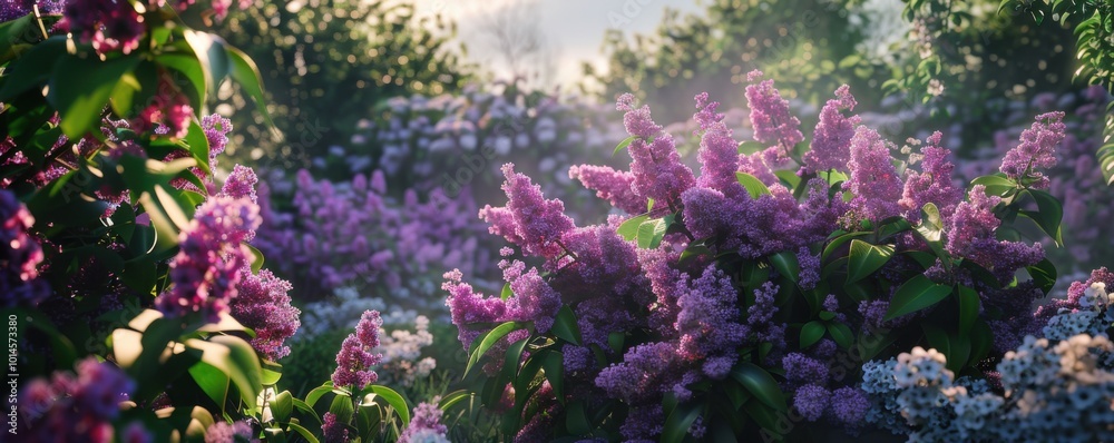 Garden with an assortment of blooming lilacs, 4K hyperrealistic photo, Garden with an assortment of blooming lilacs, 4K hyperrealistic photo,