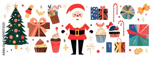 A Christmas-themed vector illustration with various holiday elements such as presents, nutcracker doll figurines, and Santa Claus characters.