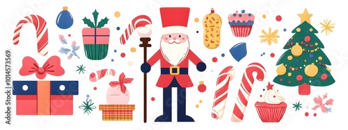 A Christmas-themed vector illustration with various holiday elements such as presents, nutcracker doll figurines, and Santa Claus characters.