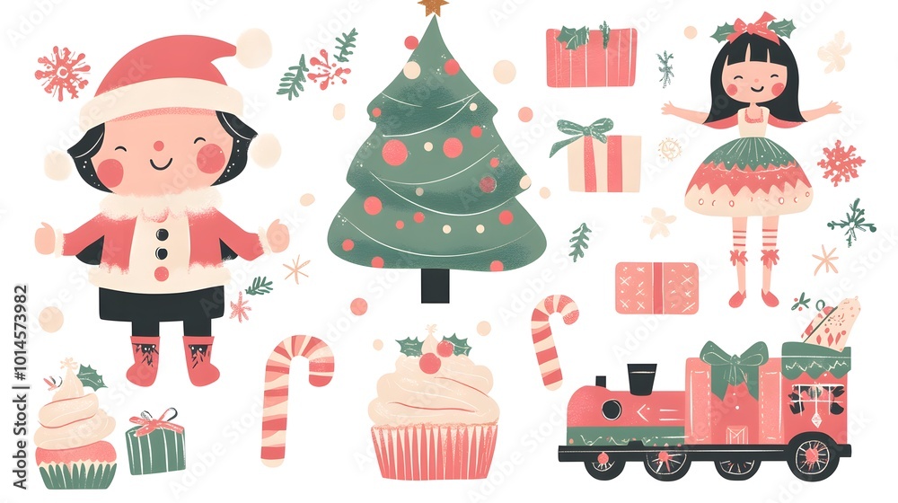 Fototapeta premium A Christmas-themed vector illustration with various holiday elements such as presents, nutcracker doll figurines, and Santa Claus characters.