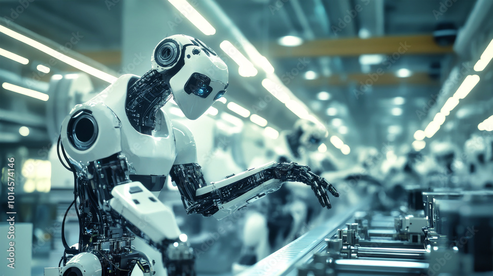 Fototapeta premium In a bright and modern factory, robots skillfully assemble complex products with precision, showcasing advanced technology and innovation in manufacturing