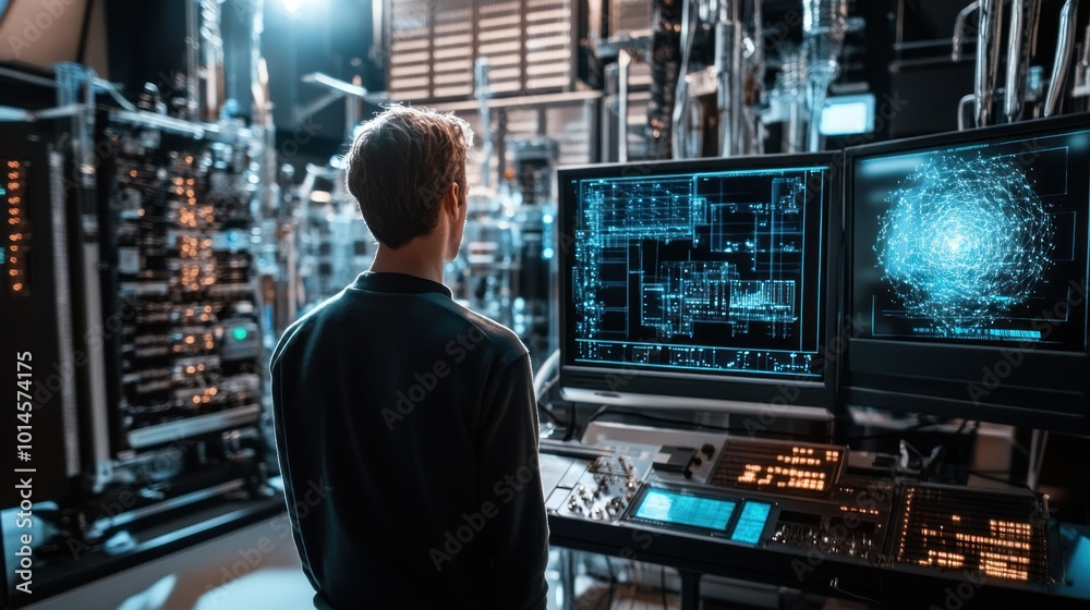 A Man in a Dark Sweatshirt Standing in Front of a Computer with a Blue Screen Displaying Data and a Network Diagram A Man in a Dark Sweatshirt Standing in Front of a Computer with a Blue Screen Displaying Data and a Network Diagram