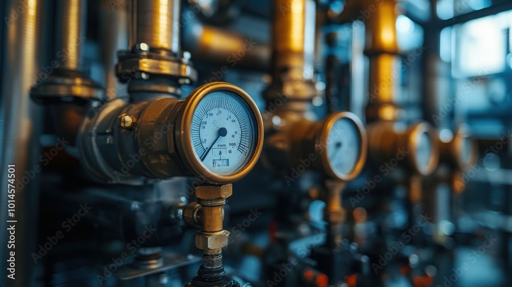 Industrial concept. equipment of the boiler-house, - valves, tubes, pressure gauges, thermometer. Close up of manometer, pipe, flow meter, water pumps and valves of heating system in a boiler room Industrial concept. equipment of the boiler-house, - valves, tubes, pressure gauges, thermometer. Close up of manometer, pipe, flow meter, water pumps and valves of heating system in a boiler room