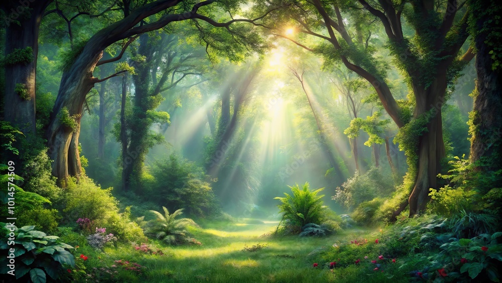 Obraz premium Sunlight Streaks Through a Lush Canopy in a Tranquil Forest, Illuminating a Pathway Through the Verdant Undergrowth