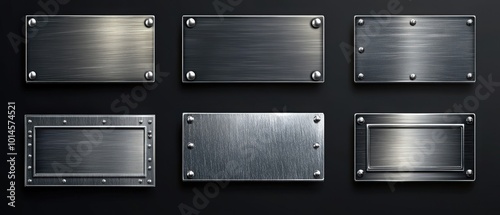 Metal banners. Realistic stainless steel boards with scratched grunge texture and silver shine. Vector metal signs and plates set, riveted image plaque or alloy plating on black transparent background photo