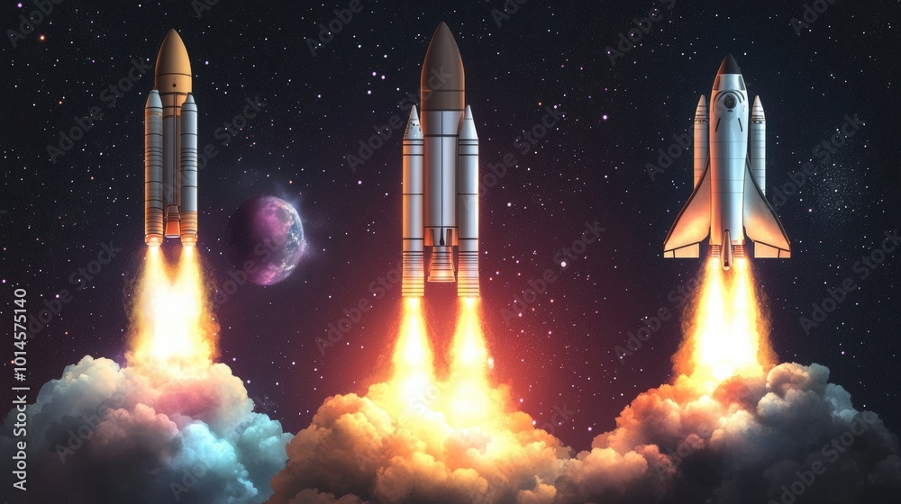 Rocket launch. Realistic spaceship with takeoff smoke track and fire burst. Spacecraft with steam jet trace. Collection of going up space vehicles. Shuttles of various designs, vector isolated set Rocket launch. Realistic spaceship with takeoff smoke track and fire burst. Spacecraft with steam jet trace. Collection of going up space vehicles. Shuttles of various designs, vector isolated set