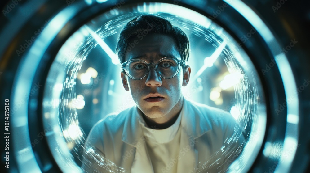 A Man in Glasses Gazing Through a Circular Aperture