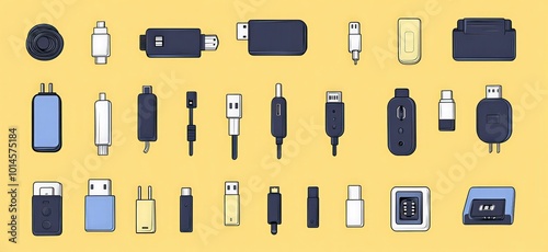 Socket usb plug in. Type-c port USB connector replacing type A micro and mini USB, 3, 5 mm jack charge connector, hand drawn MI and display port. Vector set phone jacks typing cabling illustration  photo