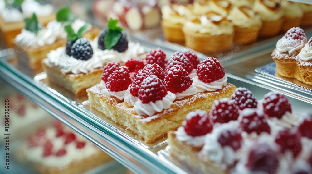 A display of assorted pastries topped with cream and fresh berries in a bakery case. A display of assorted pastries topped with cream and fresh berries in a bakery case.
