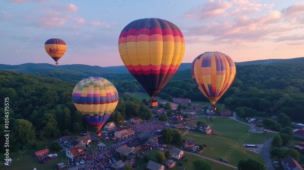 Fototapeta premium Witness the magic! Colorful hot air balloons gracefully soar above a vibrant festival, painting the twilight sky with breathtaking hues. A spectacle of light and wonder!