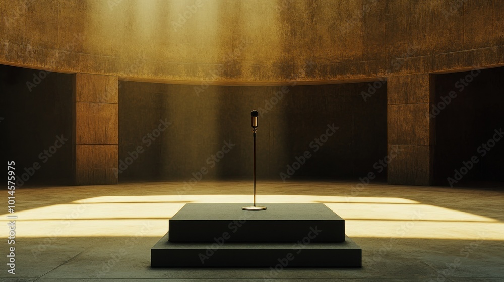Obraz premium A Single Microphone on a Platform in a Concrete Room