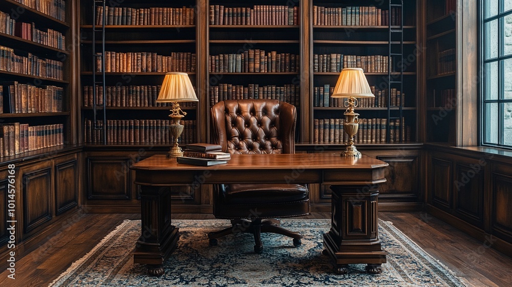 A sophisticated library scene showcasing a desk lamp and leather-bound books on dark wood shelves in a law office. A sophisticated library scene showcasing a desk lamp and leather-bound books on dark wood shelves in a law office.